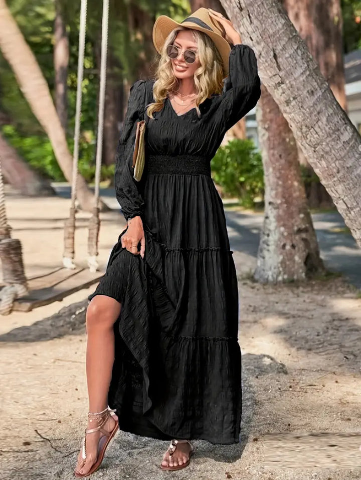 TALIA™ - V-NECK SMOCKED LONG SLEEVE DRESS