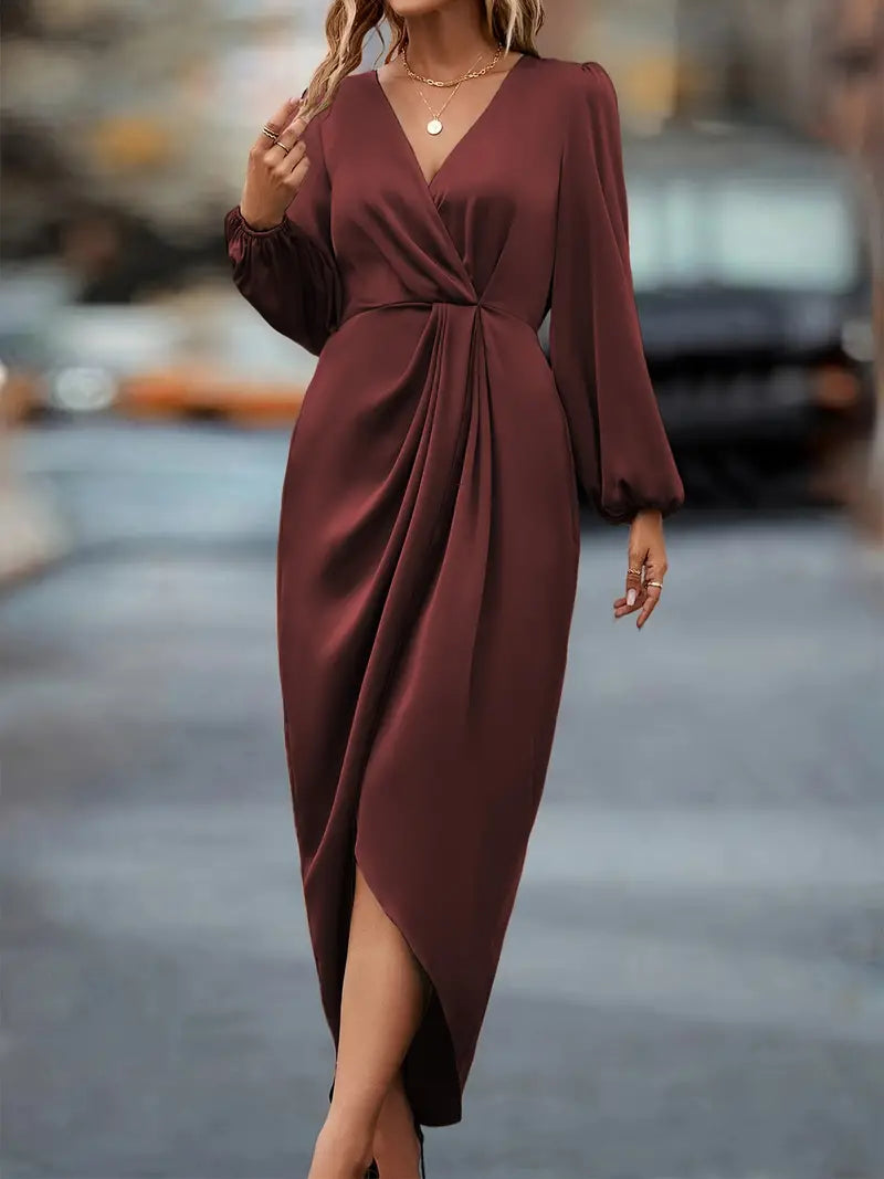 ANDIE™ - ELEGANT V-NECK SLIT SATIN DRESS