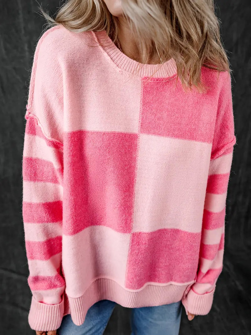 CORIE™ - PINK CHECKERED STRIPED LOOSE SWEATER