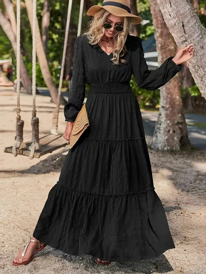 TALIA™ - V-NECK SMOCKED LONG SLEEVE DRESS