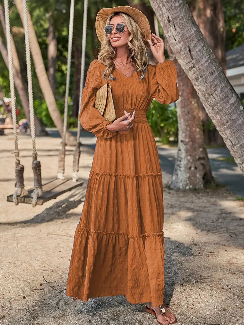 TALIA™ - V-NECK SMOCKED LONG SLEEVE DRESS