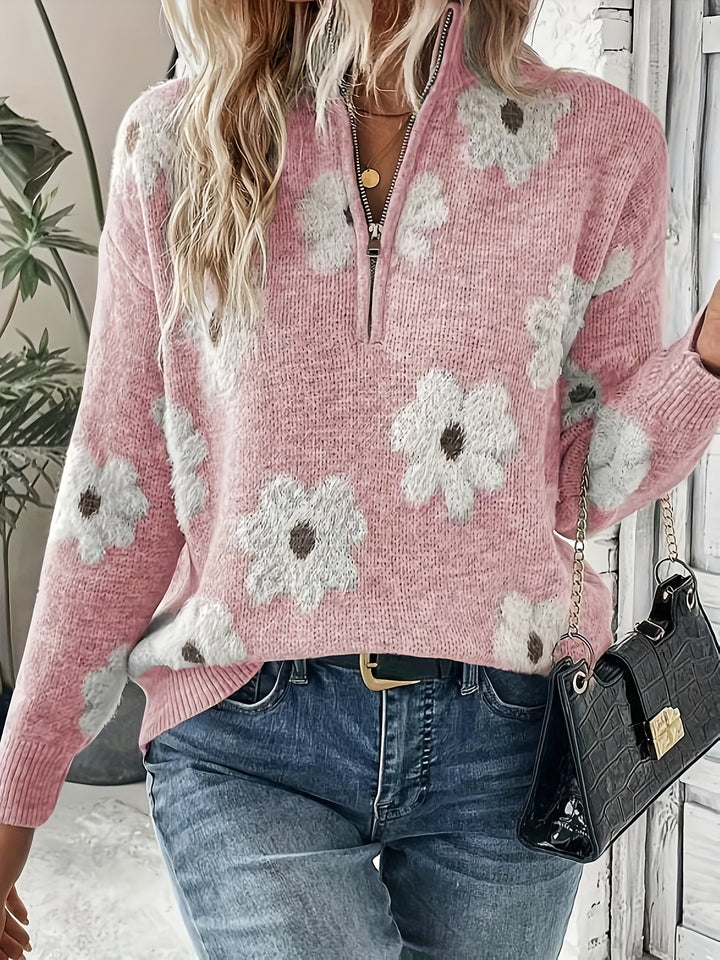 NIFA™ - HALF-ZIP KNITTED FLORAL SWEATER