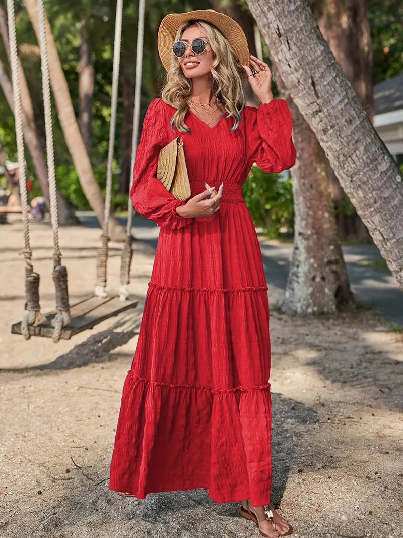 TALIA™ - V-NECK SMOCKED LONG SLEEVE DRESS