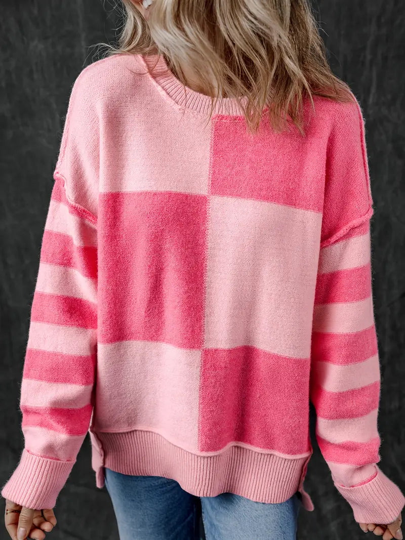 CORIE™ - PINK CHECKERED STRIPED LOOSE SWEATER