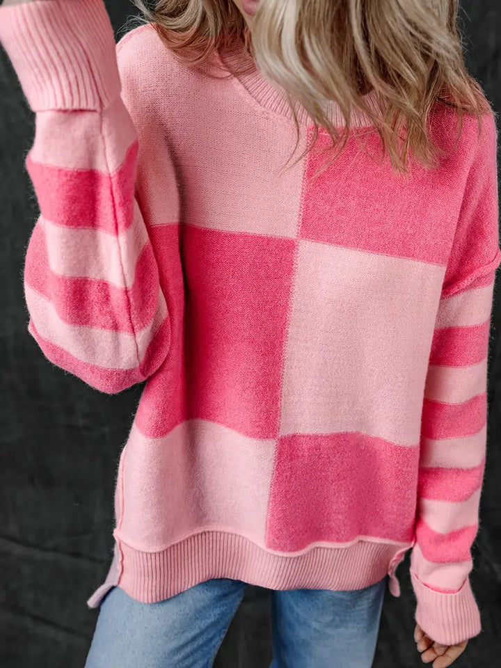 CORIE™ - PINK CHECKERED STRIPED LOOSE SWEATER