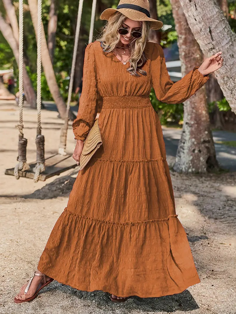 TALIA™ - V-NECK SMOCKED LONG SLEEVE DRESS