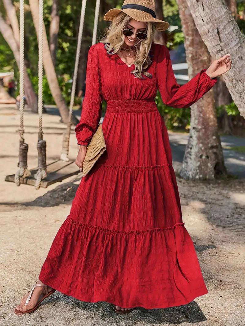 TALIA™ - V-NECK SMOCKED LONG SLEEVE DRESS