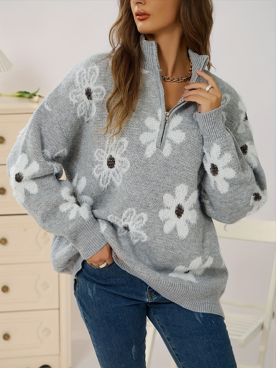 NIFA™ - HALF-ZIP KNITTED FLORAL SWEATER
