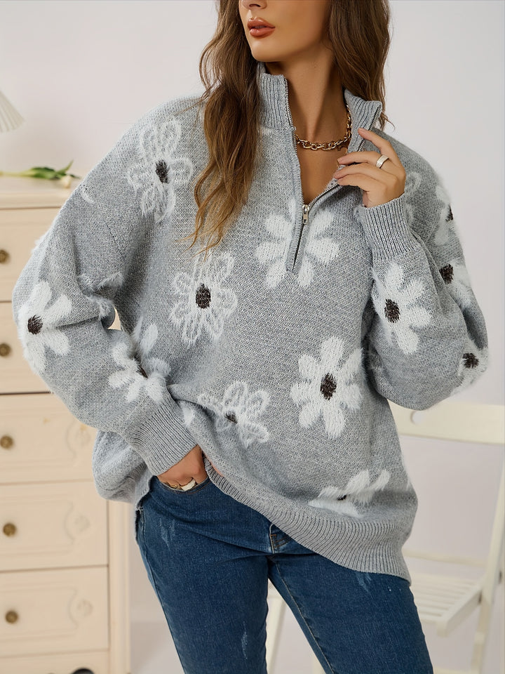 NIFA™ - HALF-ZIP KNITTED FLORAL SWEATER